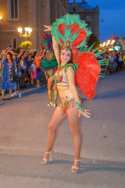 ノヴィ セルビア 8月25 2019 セルビアのノヴィ サドでのサンバカーニバル セルビアのブラジル文化を祝うサンバパレードの衣装で演奏 — ストック写真