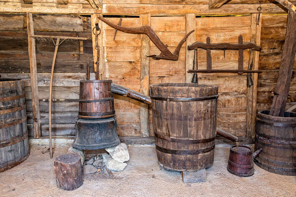 Old wooden barrels in cellar