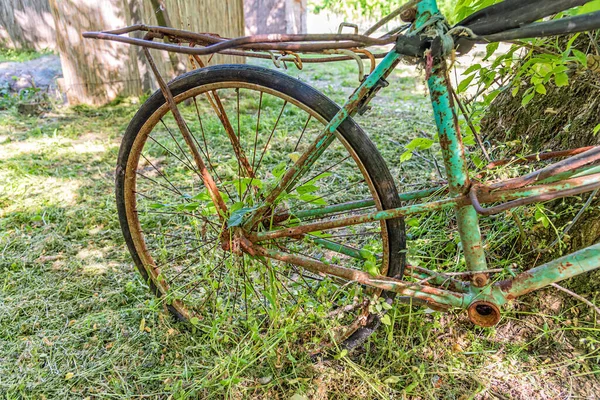 Uma Velha Bicicleta Enferrujada Repousa Contra Uma Árvore Esta Bicicleta — Fotografia de Stock