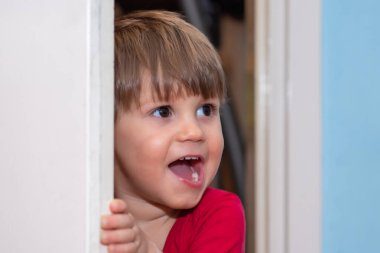 Küçük bir çocuk kapıdan dışarı bakıyor. Çocuk kilerden çıkıyor.