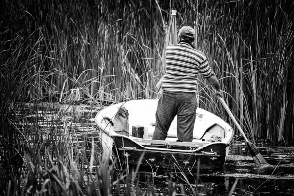 Zasavica Serbia May 2020 Old Fisherman Rowing Boat Весла Лодочника — стоковое фото