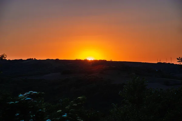 Puesta Sol Voivodina Serbia Cerca Montaña Fruska Gora Puesta Sol — Foto de Stock