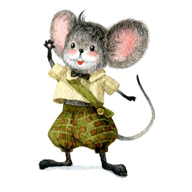 Kelebekli şirin bir fare izleyiciyi selamlıyor. Suluboya çizimi, el yapımı