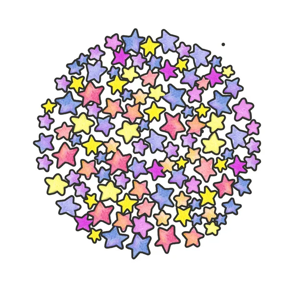 Estrelas aquarelas com contorno, padrão em forma de círculo. Trabalhos manuais . — Fotografia de Stock