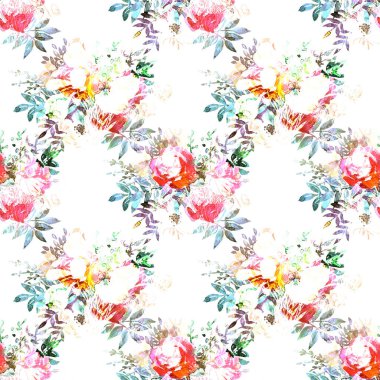 Çiçek elementleri, soyutlama ve suluboya lekeli kusursuz desen.