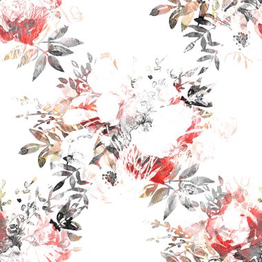 Çiçek elementleri, soyutlama ve suluboya lekeli kusursuz desen. El yapımı suluboya