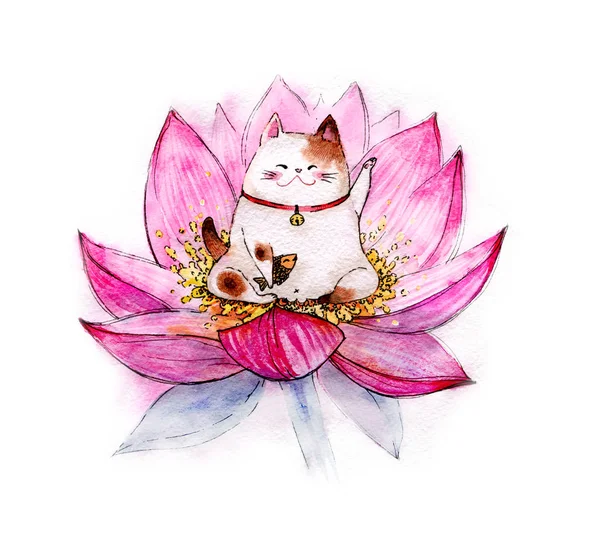 Lindo kawaii dibujos animados maneki gato neko meditando en flor de loto. Ilustración en acuarela, hecha a mano —  Fotos de Stock