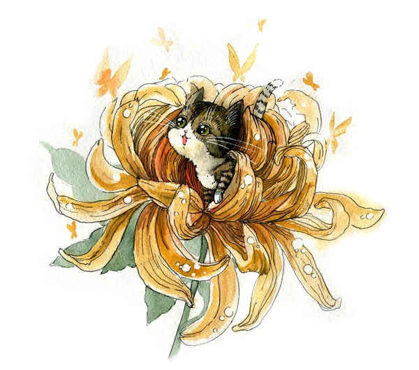Kasımpatı çiçeğinin içindeki sevimli kawaii çizgi film kedisi. Suluboya çizimi, el yapımı — Stok fotoğraf