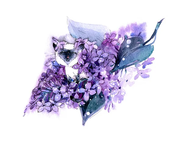 Cute kawaii cartoon siamese cat in a flower of lilac. Watercolor illustration, handmade — Stockfoto