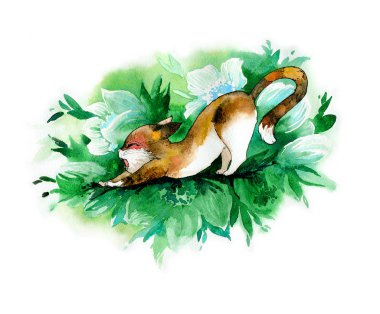 Şirin kedi yaprakların ve çiçeklerin arka planına yaslanır ve esner. Suluboya çizimi. El işi