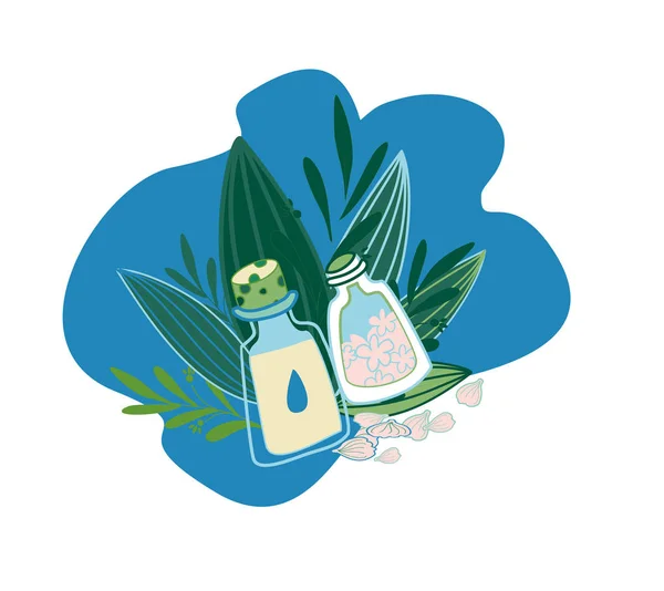 Kräuterkosmetik, natürliches Öl und Blütenblätter. Vektor handgezeichnete Illustration für Naturkosmetikgeschäft. Olivenöl, Sakura oder Blütenblätter. — Stockvektor