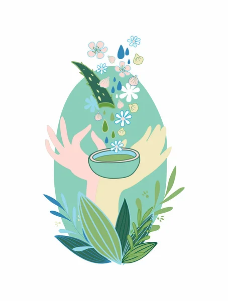 Emblema de cosméticos naturais, cosméticos artesanais. As mãos de mulher que recebem presentes da natureza, ingredientes. Ilustração vetorial ilustração desenhada à mão para loja de cosméticos ecológicos naturais . —  Vetores de Stock