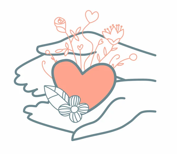 Image of caring hands that hold a heart with flowers. Vector illustration — Stock Vector