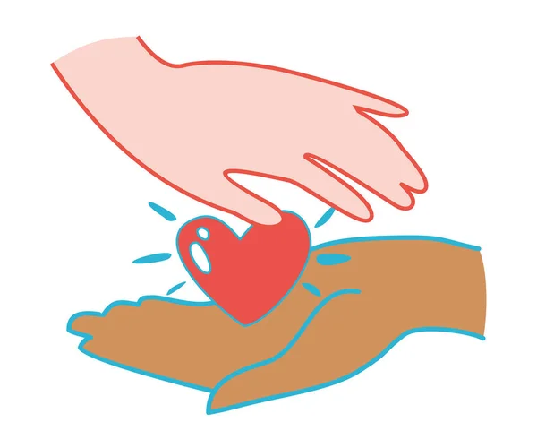 Дві руки різних рас, які тримають одне серце. Векторна графіка — стоковий вектор
