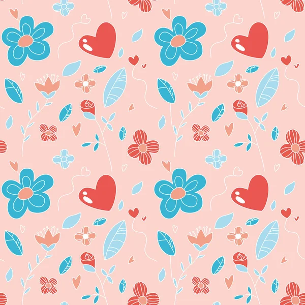 Naadloos patroon met eenvoudige bloemen, harten en bladeren. vectorgrafieken — Stockvector