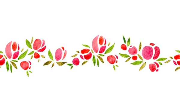 Wavy horizontal seamless pattern of simple roses. Watercolor illustration, handmade. — Stock Photo, Image