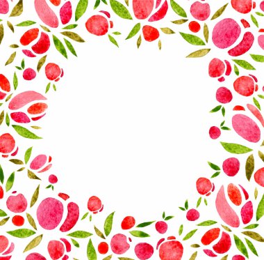 Gül çiçeklerinin kare çerçevesi. Suluboya çizimi, el yapımı.