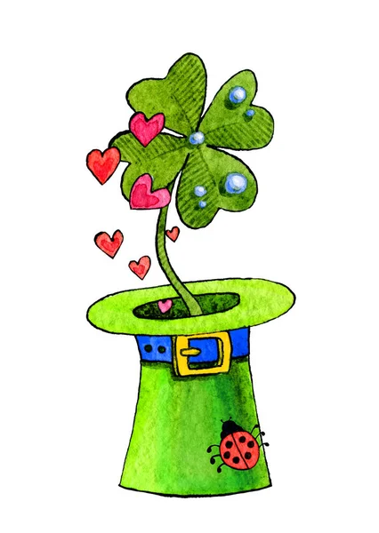 Una hoja de trébol de cuatro hojas con gotas de rocío de un sombrero de Lepricon con una mariquita y corazones, para la buena suerte. Ilustración en acuarela, hecha a mano . —  Fotos de Stock
