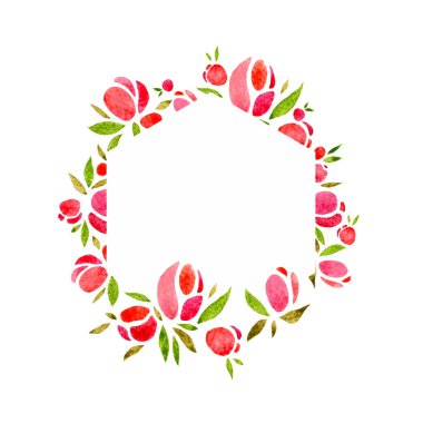 Altıgen pembe çiçek çerçevesi, çiçekli bir madalyon, suluboya çizimi.