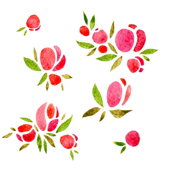 Conjunto de simples ramos pequeños de rosas, minimalismo aislado sobre un fondo blanco. Ilustración en acuarela, hecha a mano . —  Fotos de Stock