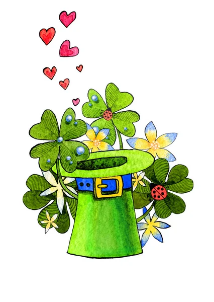 Un trébol de cuatro hojas de un sombrero de Lepricon con una mariquita y corazones, flores, para la buena suerte. Ilustración en acuarela, hecha a mano . —  Fotos de Stock