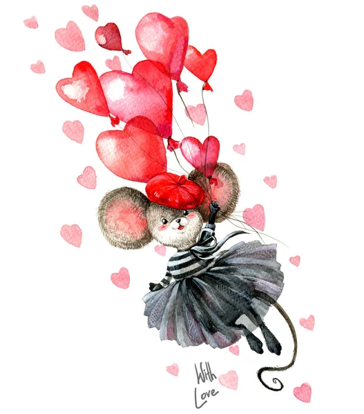 Une souris vêtue de vêtements de style français volant sous la forme de cœurs en ballons. Aquarelle travail manuel . — Photo