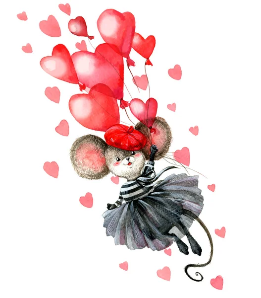 Een muis gekleed in Franse stijl kleding vliegen in de vorm van harten in ballonnen. Aquarel handwerk. — Stockfoto