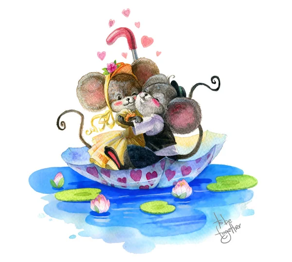 Twee verliefd muizen knuffelen elkaar en zwemmen in de paraplu op het water. Aquarelillustratie — Stockfoto