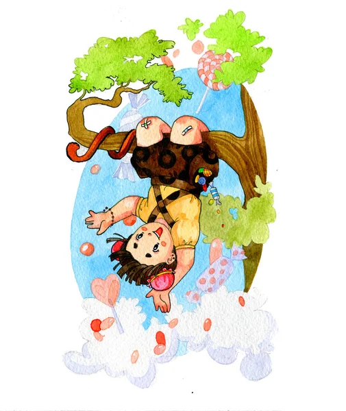 Ilustração aquarela. Meninas kawaii bonitos na forma de sinais do horóscopo Gita. Humanização de um macaco. Cartão postal feito à mão . — Fotografia de Stock