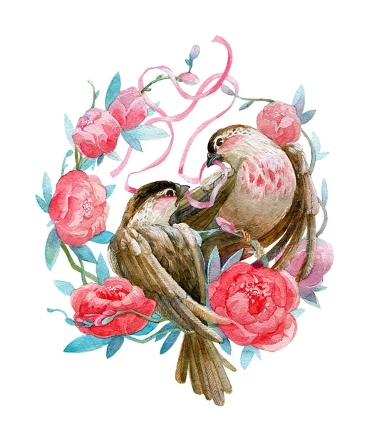 Una pareja romántica de pájaros con una cinta en sus picos en una corona de flores. Ilustración en acuarela, hecha a mano . —  Fotos de Stock