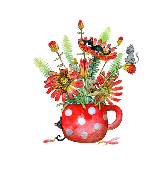 Tätningar på gerbera blommor som står i en röd mugg med ärtor. Akvarell illustration, handgjorda. — Stockfoto
