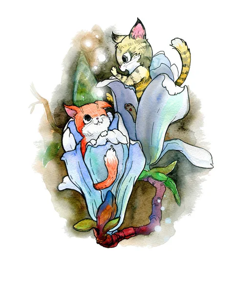 マグノリアの色で遊ぶかわいい子猫。水彩イラスト,手作り. — ストック写真