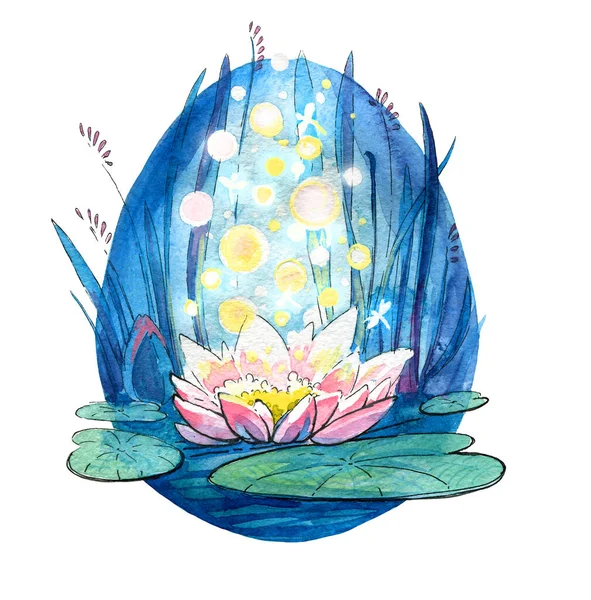 Magische lotus op het water met magische lichten. Aquarelillustratie. Handgemaakt. — Stockfoto