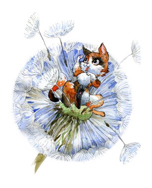 Bir karahindiba çiçeği ve bir çimen yaprağının üzerinde kedi yavrusu rolü yapan sevimli küçük bir kedi. Suluboya çizimi.