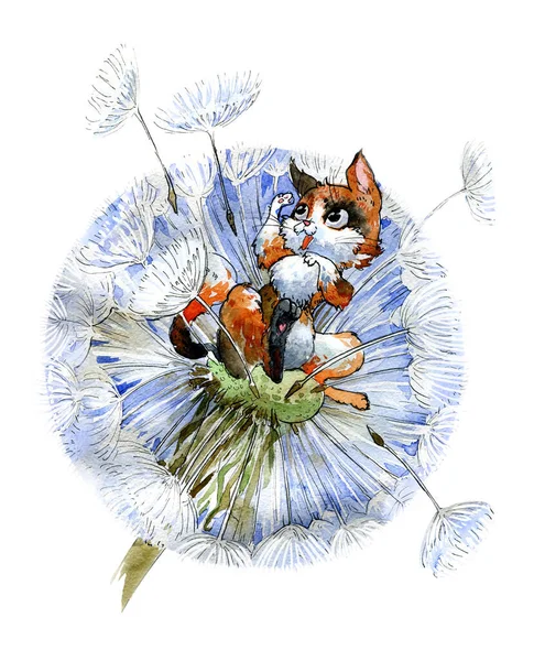 Cute little playing kitten on a flower of a dandelion and a blade of grass. Watercolor illustration.