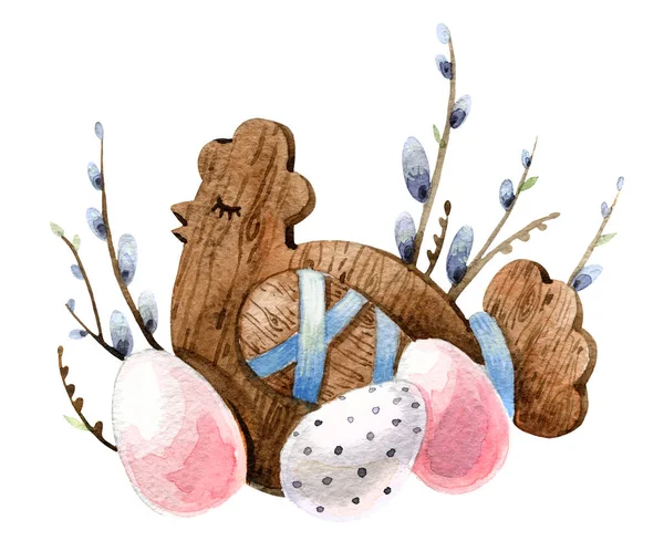 Elementy Wielkanocne. Wielkanoc dekoracyjny drewniany kurczak z wielkanocnych kolorowych jaj. Ilustracja akwarela, ręcznie robione. — Zdjęcie stockowe