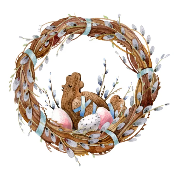Elementos de Pascua. Corona de Pascua de ramas de sauce esponjosas y un pollo decorativo de madera con huevos de color Pascua. Ilustración en acuarela, hecha a mano . —  Fotos de Stock