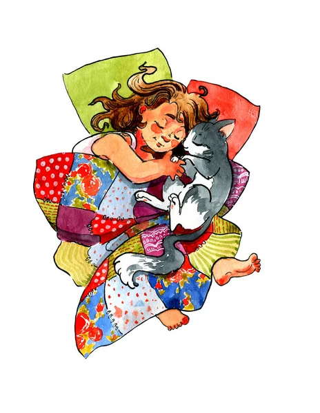 Cute illustration. Girl and cat sleep together under a patchwork style blanket. Watercolor illustration, handmade.
