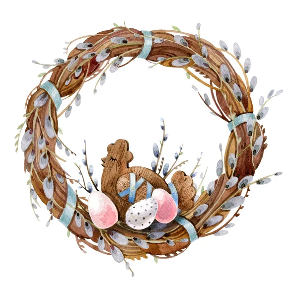Elementos de Pascua. Corona de Pascua de ramas de sauce esponjosas y un pollo decorativo de madera con huevos de color Pascua. Ilustración en acuarela, hecha a mano . —  Fotos de Stock