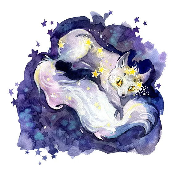 Arctic fox and fox constellation in the night sky. Watercolor illustration, handmade. — Stock Photo, Image