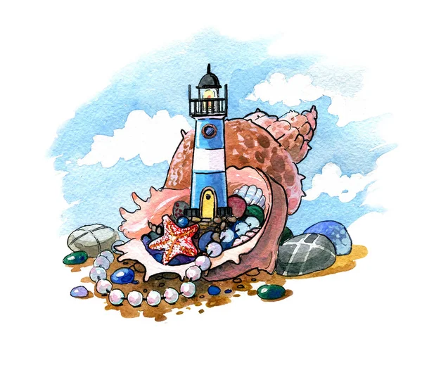 Malý maják ve skořápce s kameny, hvězdami a perlami na pobřeží. Akvarel ilustrace, ruční výroba. — Stock fotografie