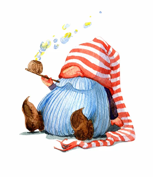 Sprookje leuke kabouter zitten en roken van een magische pijp met zeepbellen. Aquarel illustratie, handgemaakt. — Stockfoto