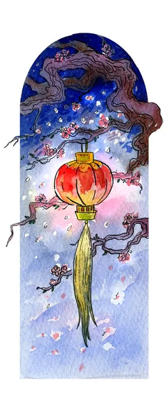 Linterna china sobre un árbol, símbolo de la época del año. Primavera y sakura. Ilustración en acuarela, hecha a mano . —  Fotos de Stock