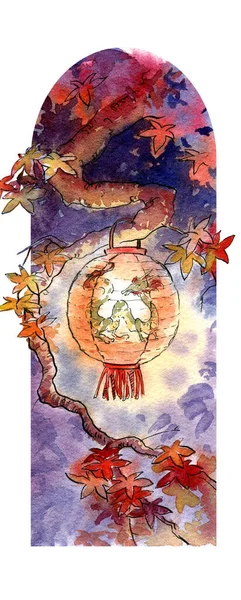 Linterna china sobre un árbol, símbolo de la época del año. Otoño y arce. Ilustración en acuarela, hecha a mano . —  Fotos de Stock
