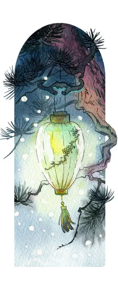 Linterna china sobre un árbol, símbolo de la época del año. Invierno y pino. Ilustración en acuarela, hecha a mano . —  Fotos de Stock