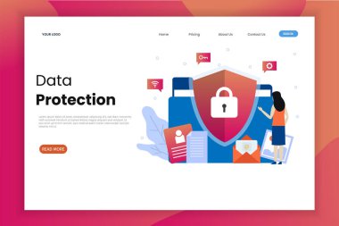Veri koruma web sitesi iniş sayfası şablonu. Bu tasarım web siteleri, iniş sayfaları, Ui, mobil uygulamalar, posterler, afişler için kullanılabilir