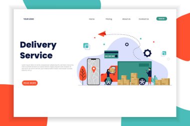 Çevrimiçi teslimat servisi iniş sayfası ve araba kutusu. Bu tasarım web siteleri, iniş sayfaları, Ui, mobil uygulamalar, posterler, afişler için kullanılabilir