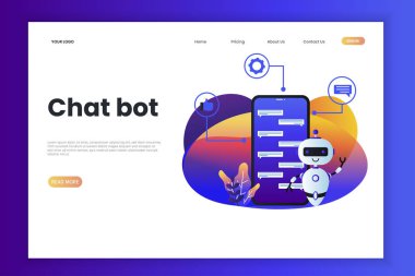 Chatbot teknolojisi web sitesi şablonu. Bu web siteleri, iniş sayfaları, mobil uygulamalar, posterler, afişler için harika.