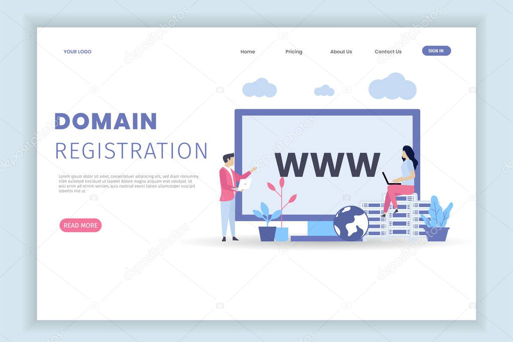 Modern flat design concept template domain name registration with characters