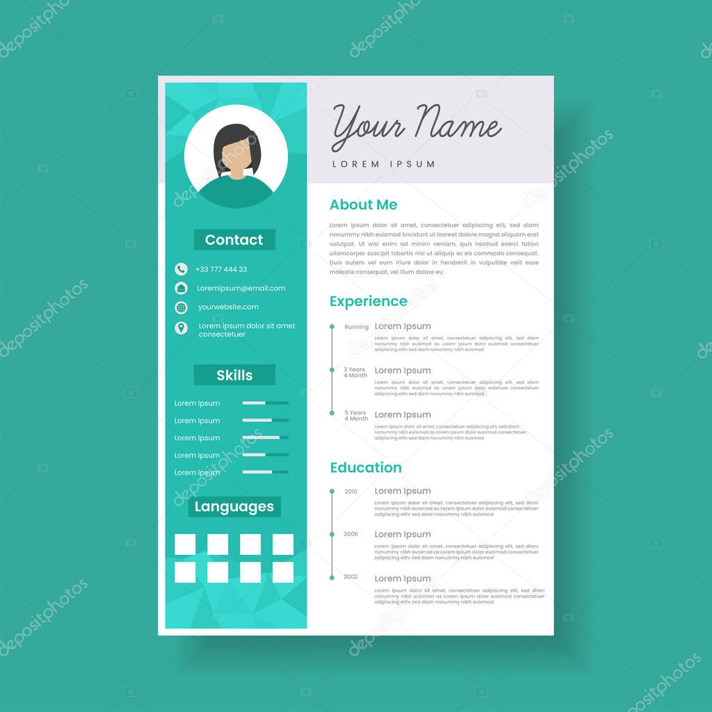 curriculum vitae template design, using a mixture of Tosca and white colors